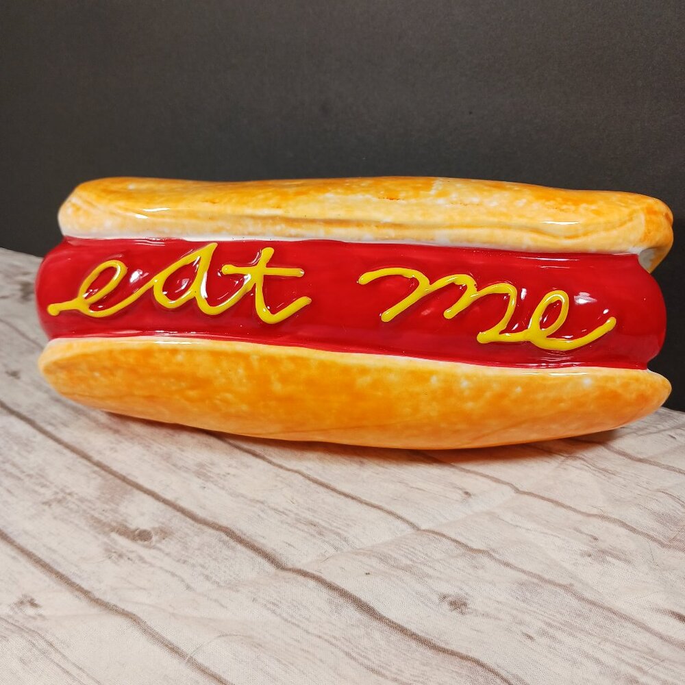 Urban Outfitters Ceramic Hot Dog Vase "Eat Me" Mustard Red Orange HTF 9"